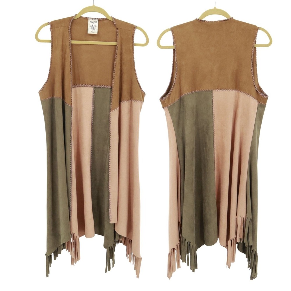 Vocal Patchwork Duster Vest Womens M Brown Boho‎ Earthy Tribal Ethnic Rustic
